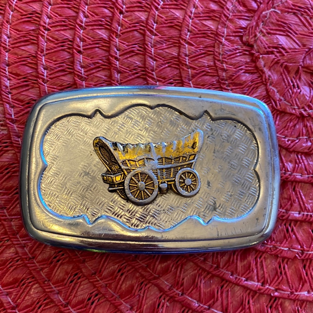 Vintage western covered wagon belt buckle